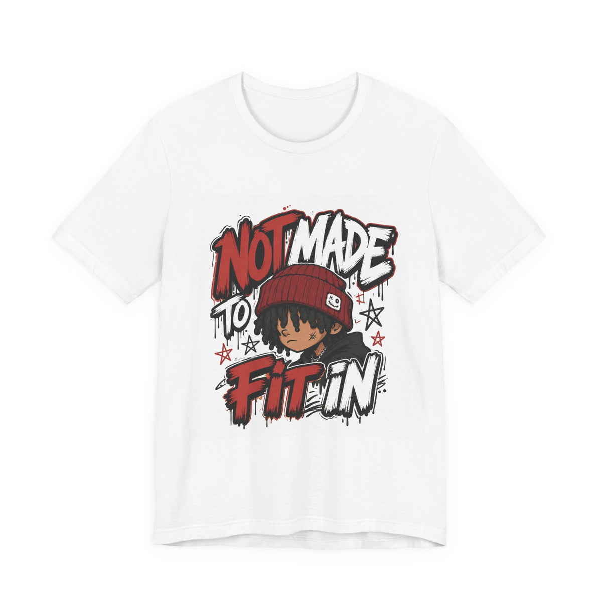Not Made to Fit In T‑Shirt — Bold Graphic Tee with Beanie Character