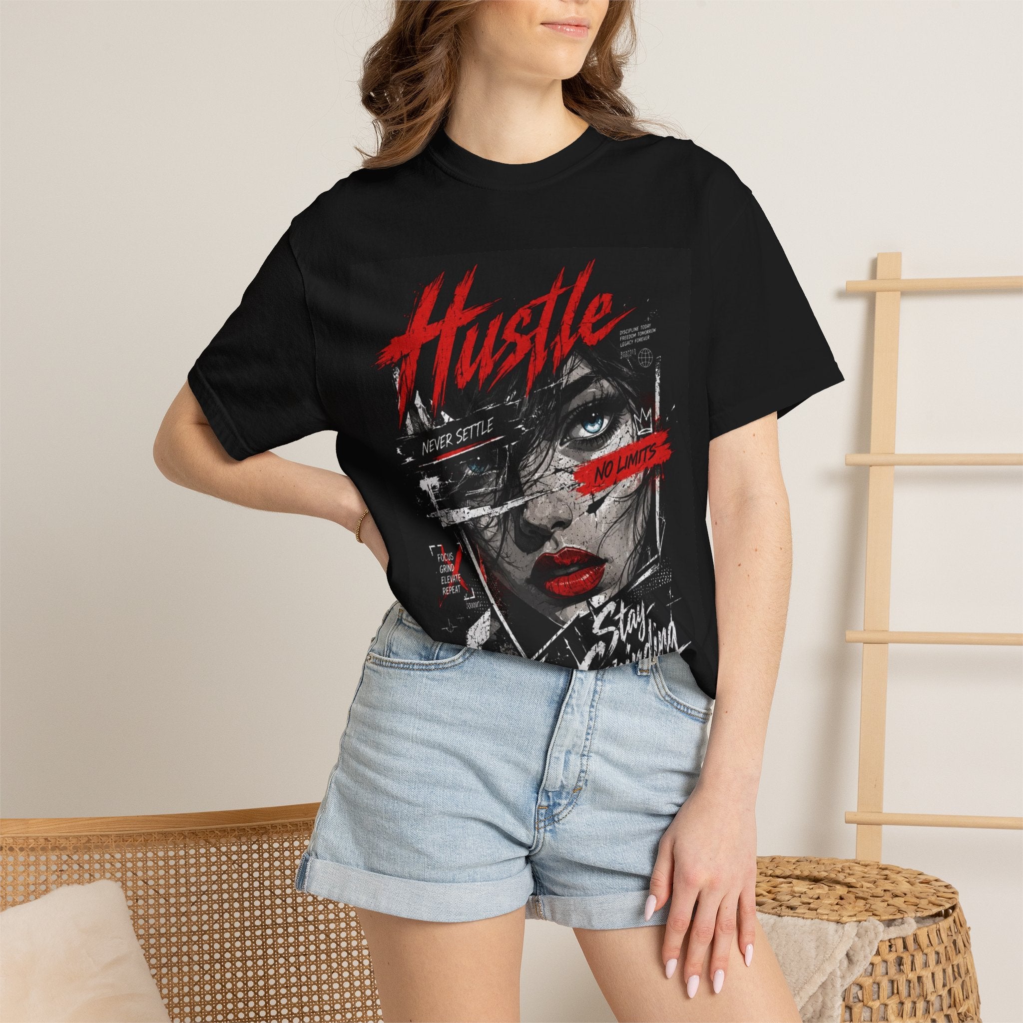 Hustle Stay Grinding Graphic Tee — Streetwear Woman Portrait T-Shirt