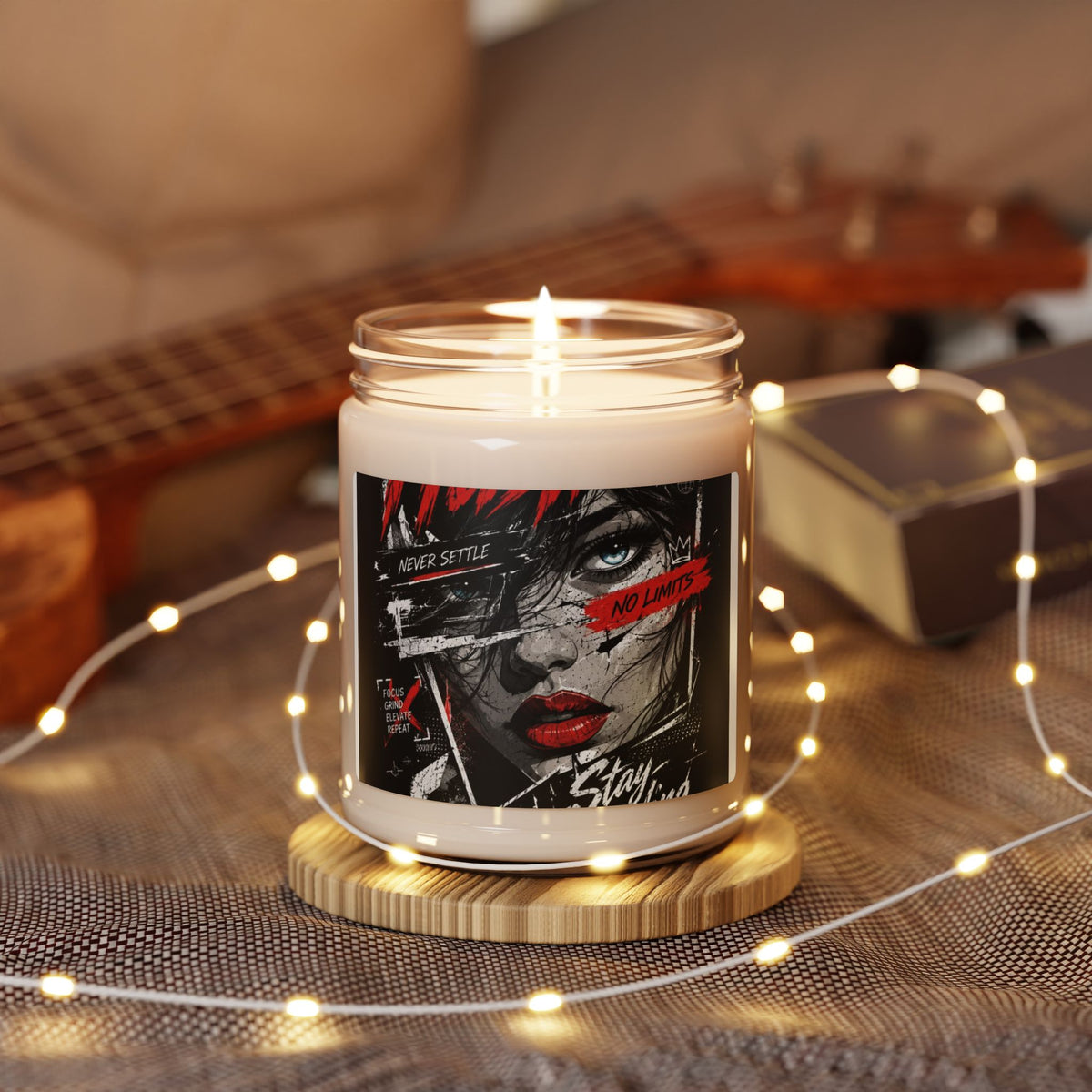 Soy Candle — 'Never Settle, No Limits' Graphic Art Scented Candle (9oz)