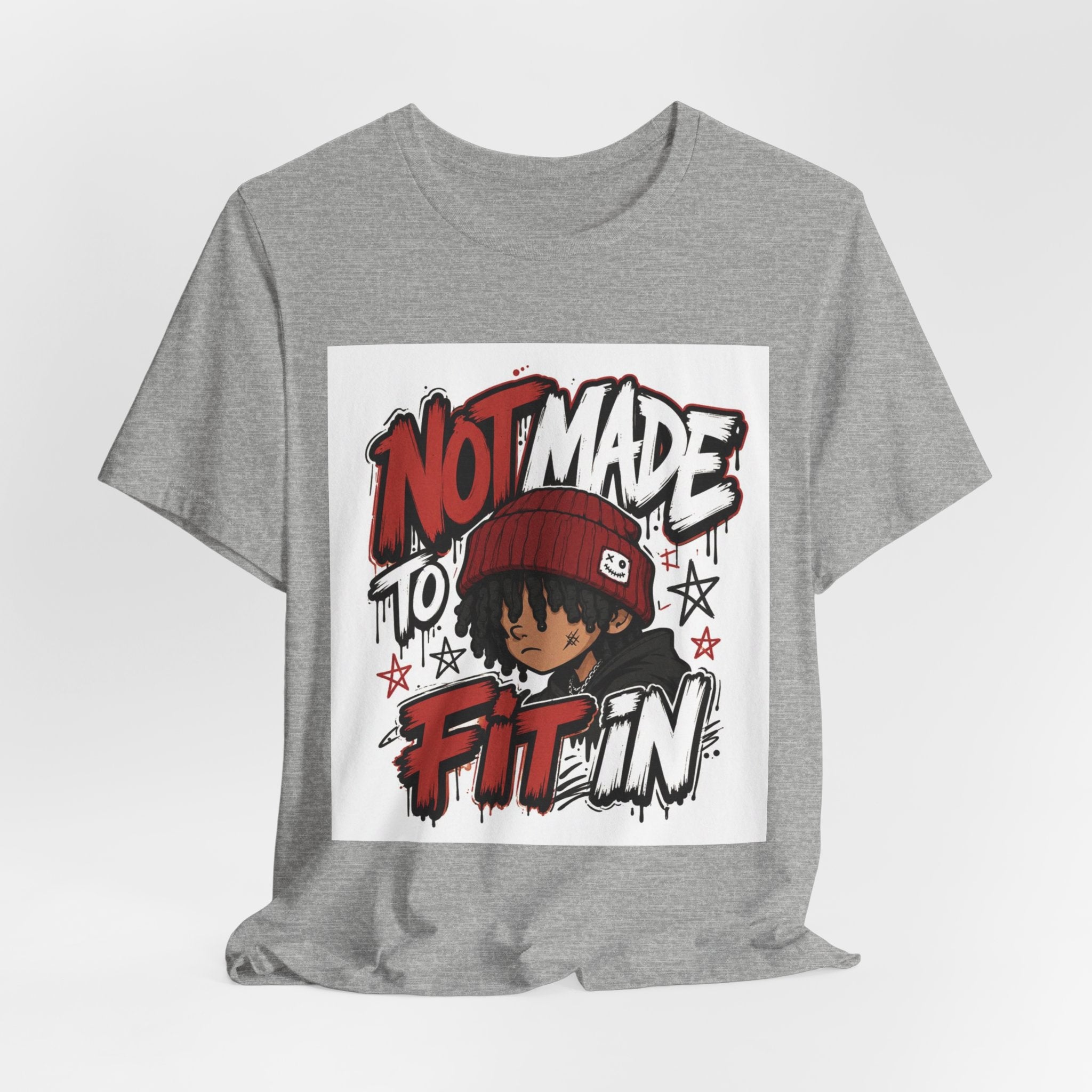 Not Made to Fit In T‑Shirt — Bold Graphic Tee with Beanie Character