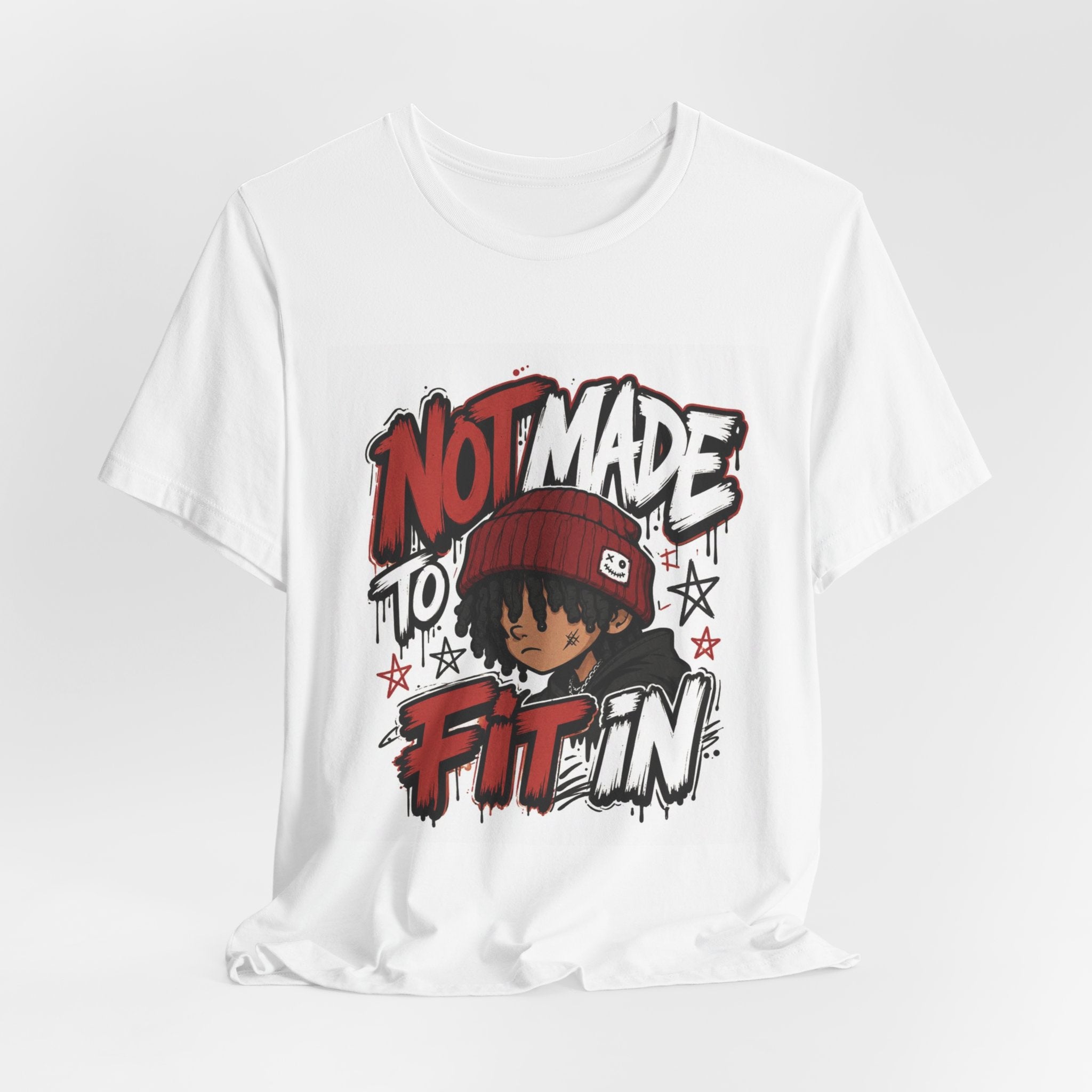Not Made to Fit In T‑Shirt — Bold Graphic Tee with Beanie Character