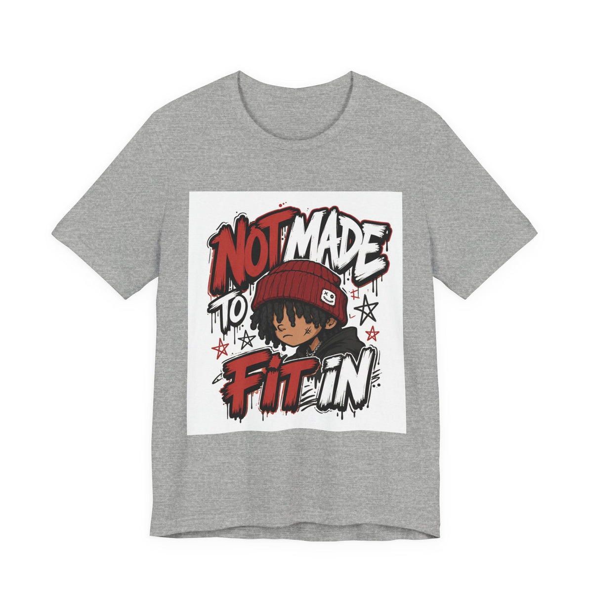 Not Made to Fit In T‑Shirt — Bold Graphic Tee with Beanie Character