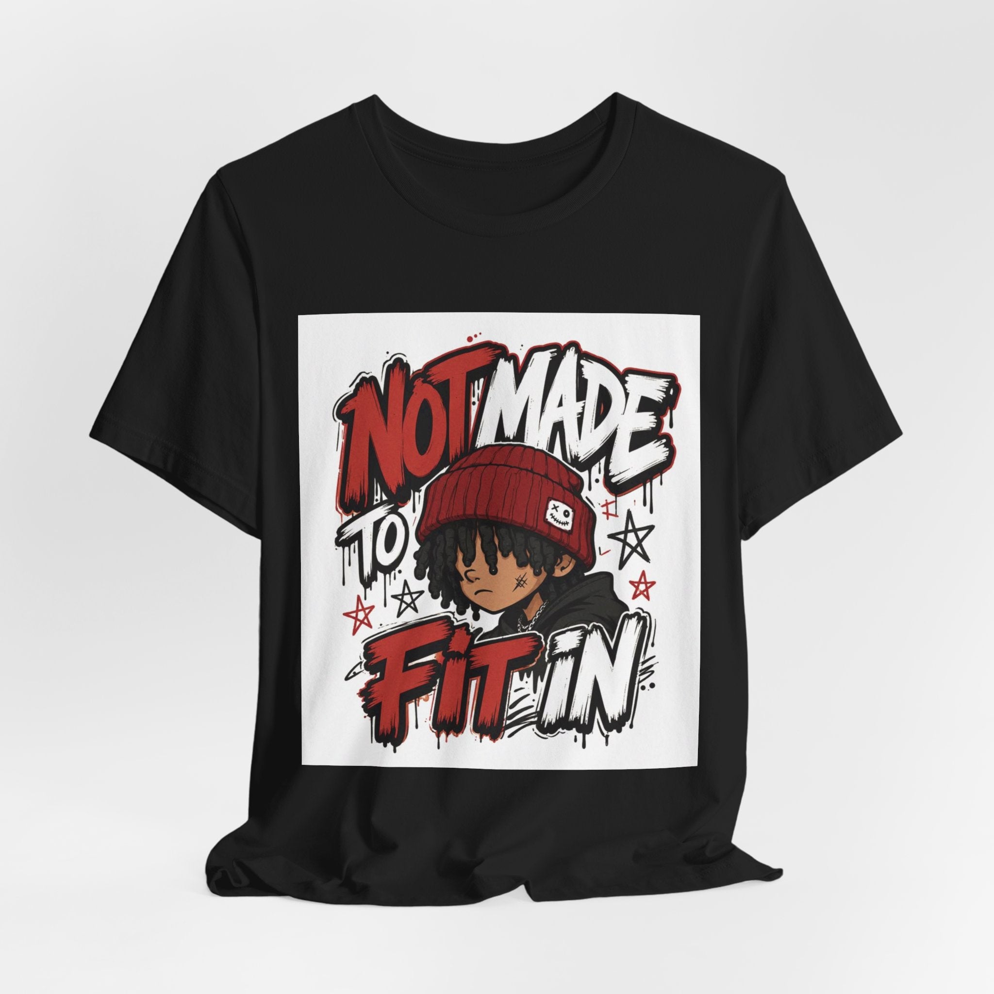 Not Made to Fit In T‑Shirt — Bold Graphic Tee with Beanie Character