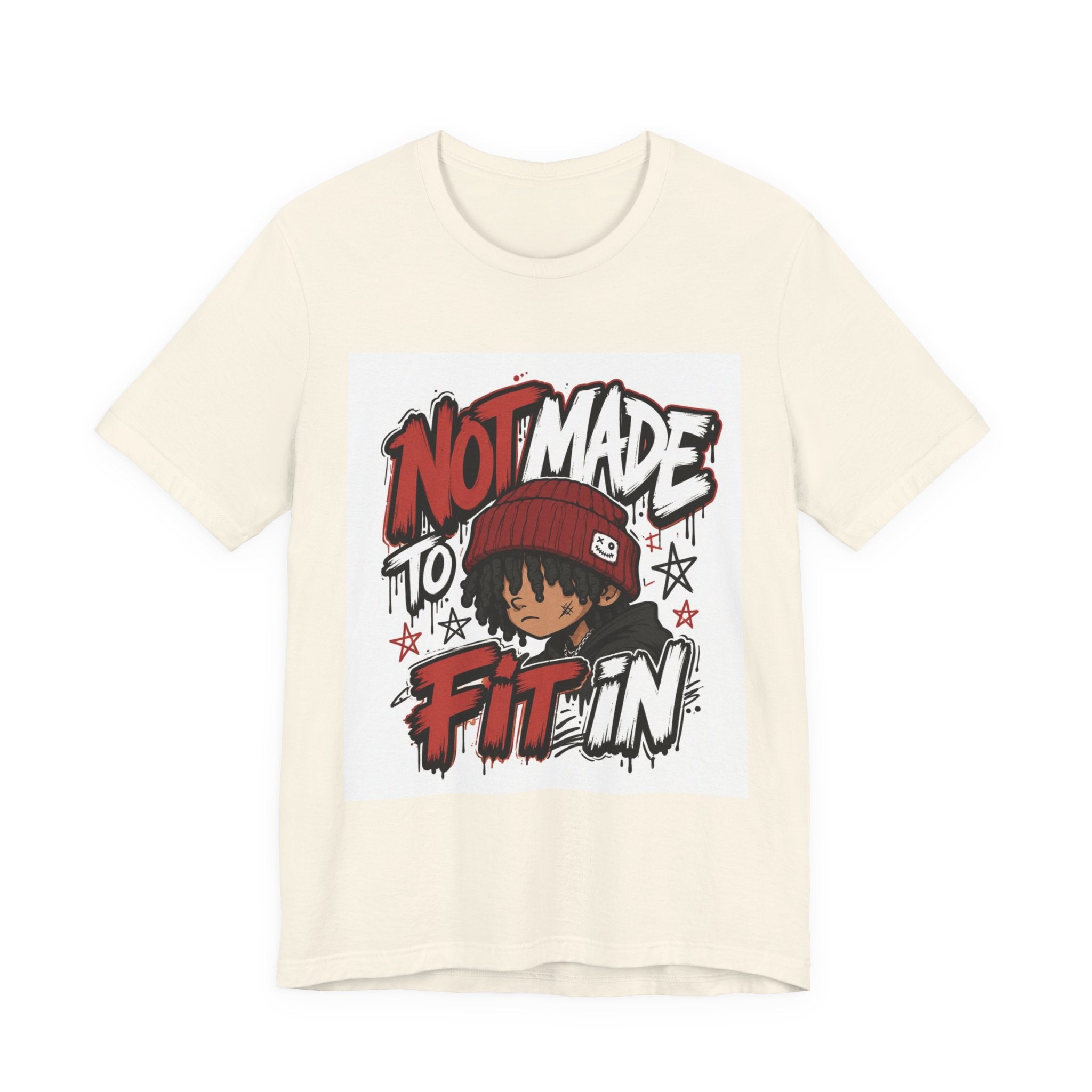 Not Made to Fit In T‑Shirt — Bold Graphic Tee with Beanie Character