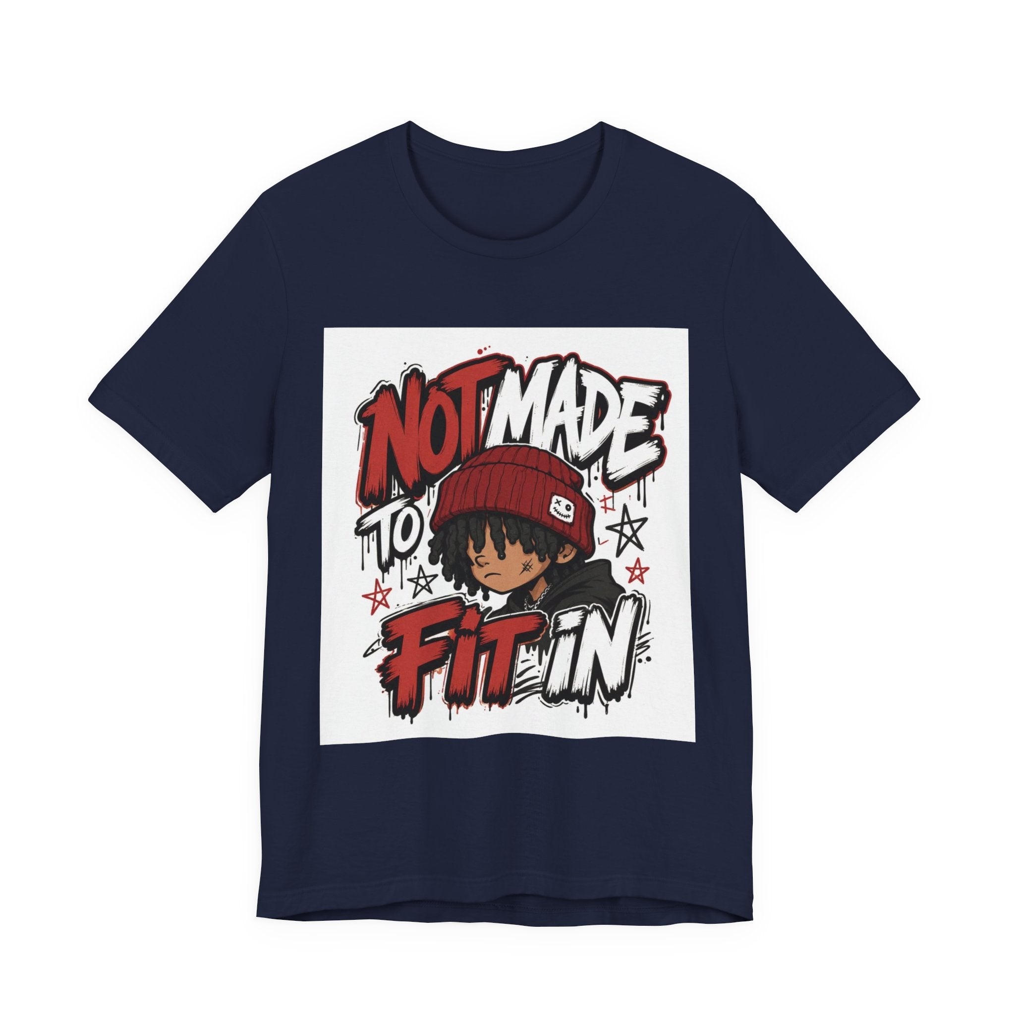 Not Made to Fit In T‑Shirt — Bold Graphic Tee with Beanie Character