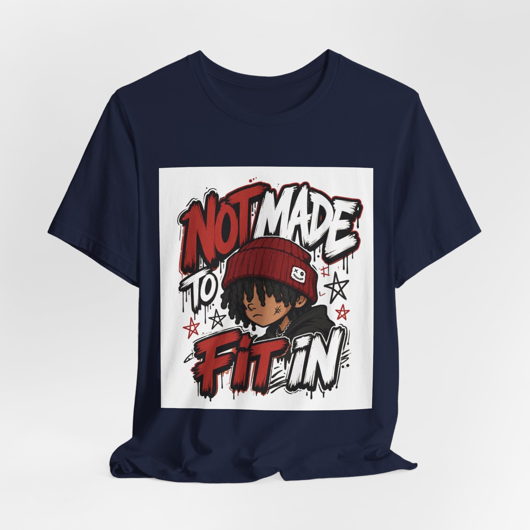 Not Made to Fit In T‑Shirt — Bold Graphic Tee with Beanie Character
